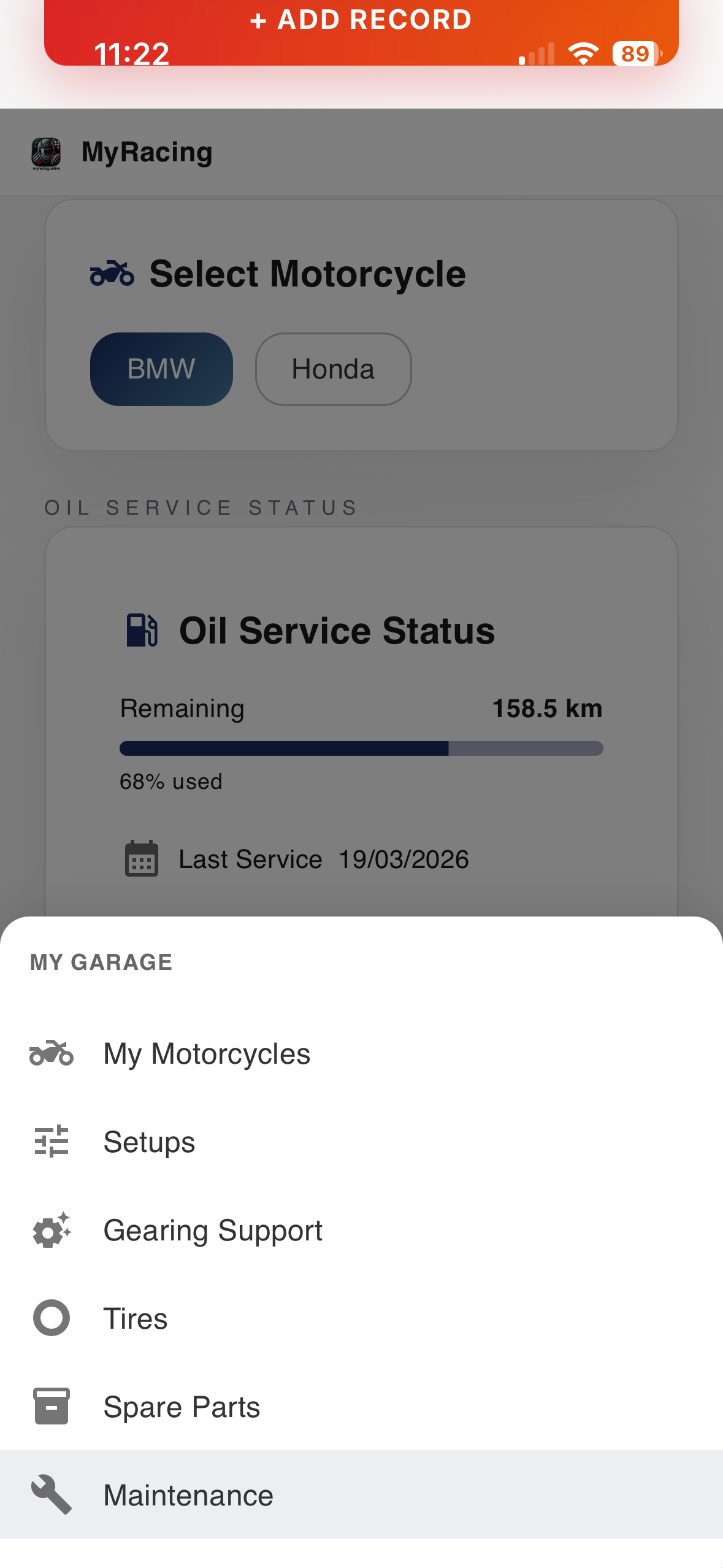 MyRacing garage — bike profile and maintenance