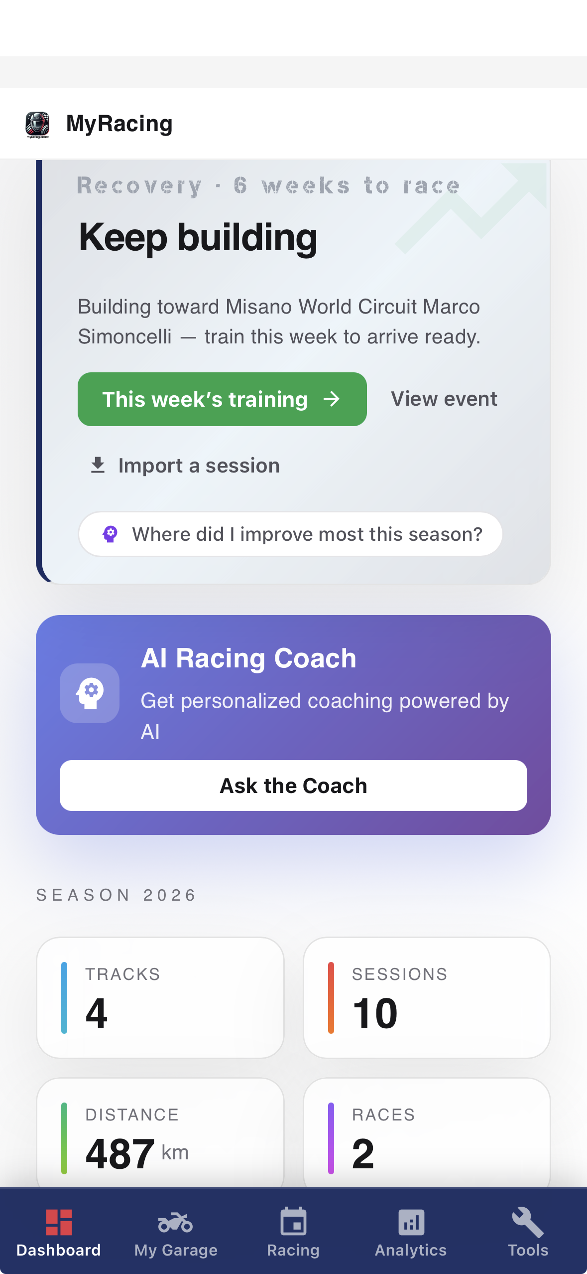 MyRacing mobile dashboard