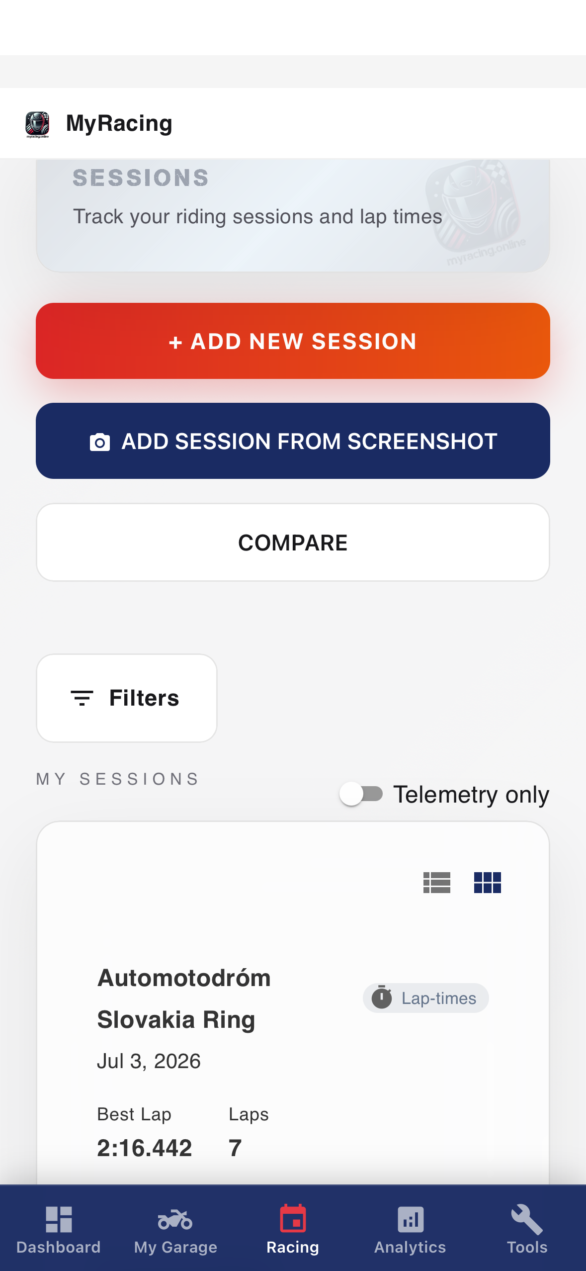 MyRacing sessions