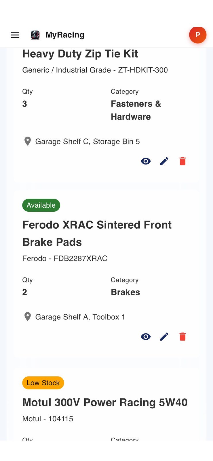 Spare parts inventory open in the phone browser: part, quantity and shelf location