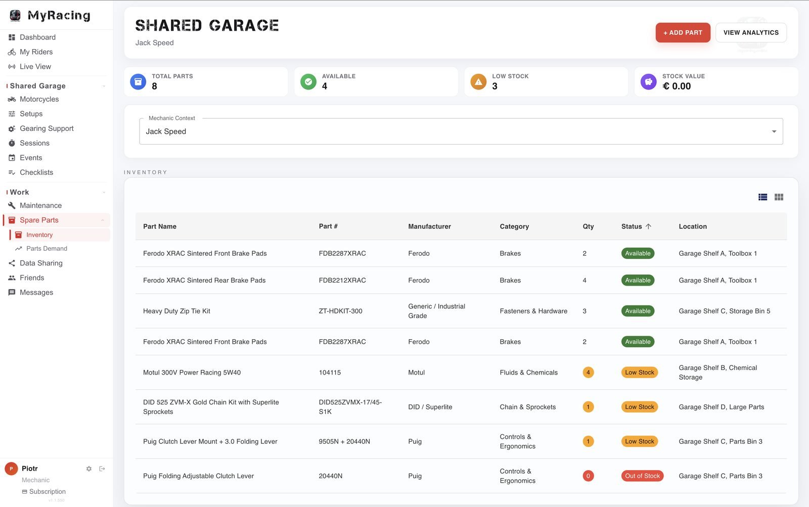 Parts inventory for a shared rider in the Mechanic workspace, with part numbers, quantities and stock status